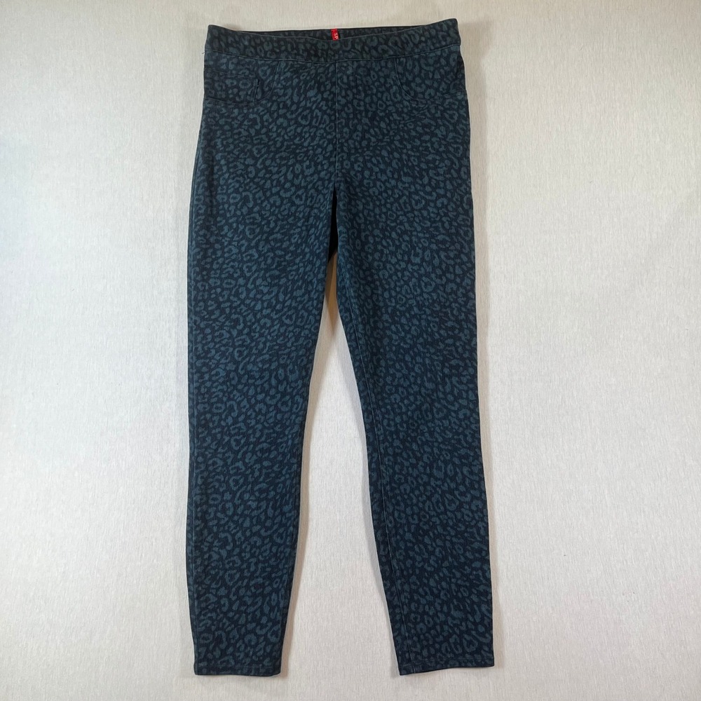 Spanx Jean-ish Leggings Large Teal Black Leopard Animal Print High Rise Stretch